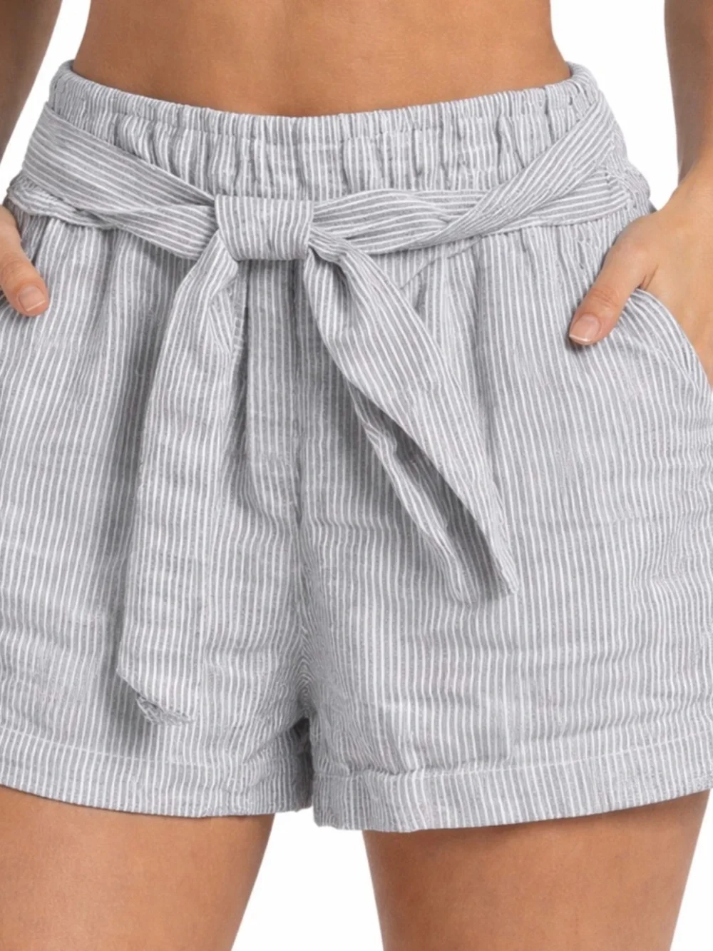 Abercrombie & Fitch Striped High-Waist Tie-Belt Women’s Shorts - Navy/White
